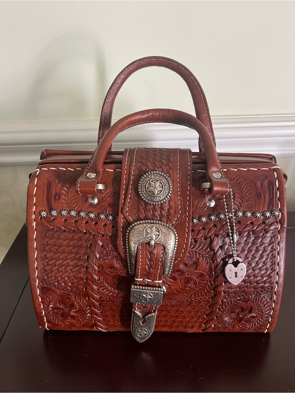 American West Handcrafted Tooled Leather Satchel Bag - Brown